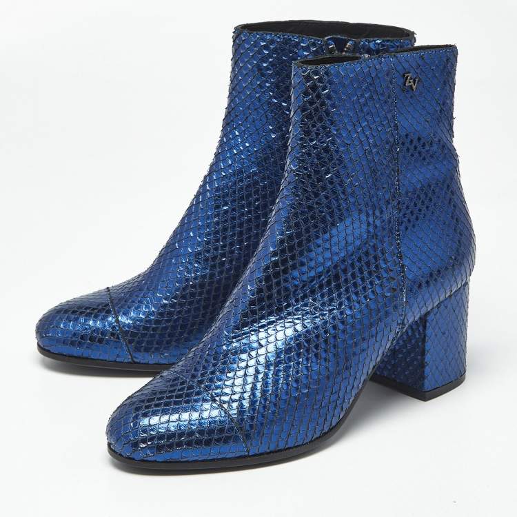 Pre Owned Zadig & Voltaire Metallic Blue Python Embossed Leather Lena Ankle Boots Size 37