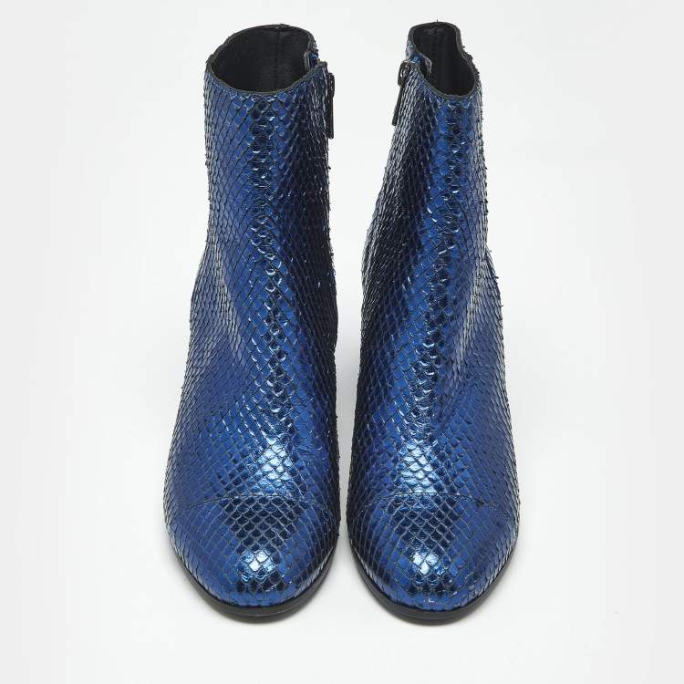 Pre Owned Zadig & Voltaire Metallic Blue Python Embossed Leather Lena Ankle Boots Size 37