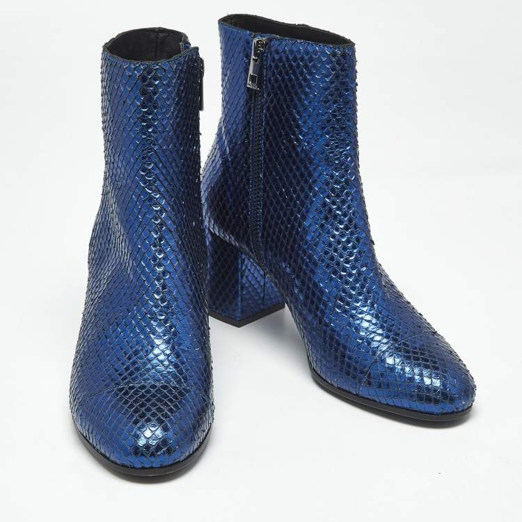 Pre Owned Zadig & Voltaire Metallic Blue Python Embossed Leather Lena Ankle Boots Size 37