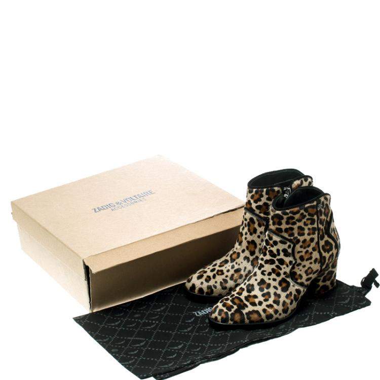Pre Owned Zadig and Voltaire Brown Leopard Print Calf Hair Molly Leo Cowboy Boots Size 37