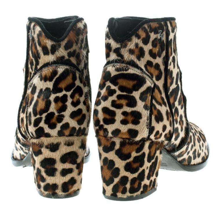 Pre Owned Zadig and Voltaire Brown Leopard Print Calf Hair Molly Leo Cowboy Boots Size 37