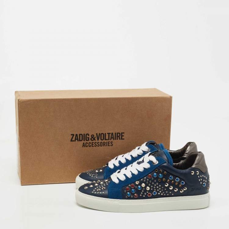 Pre Owned Zadig and Voltaire Tricolor Studded Leather and Suede Jungle Clous Sneakers Size 38