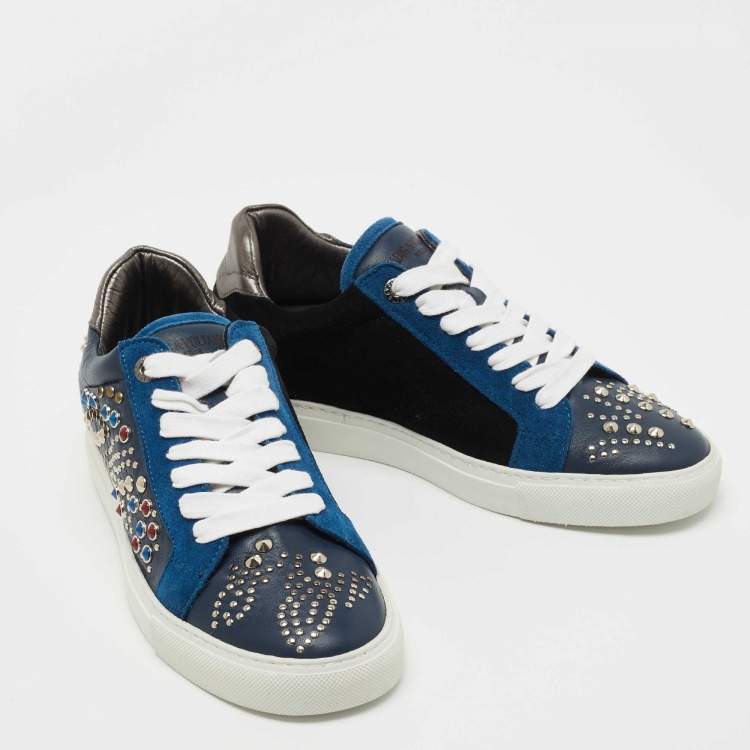 Pre Owned Zadig and Voltaire Tricolor Studded Leather and Suede Jungle Clous Sneakers Size 38