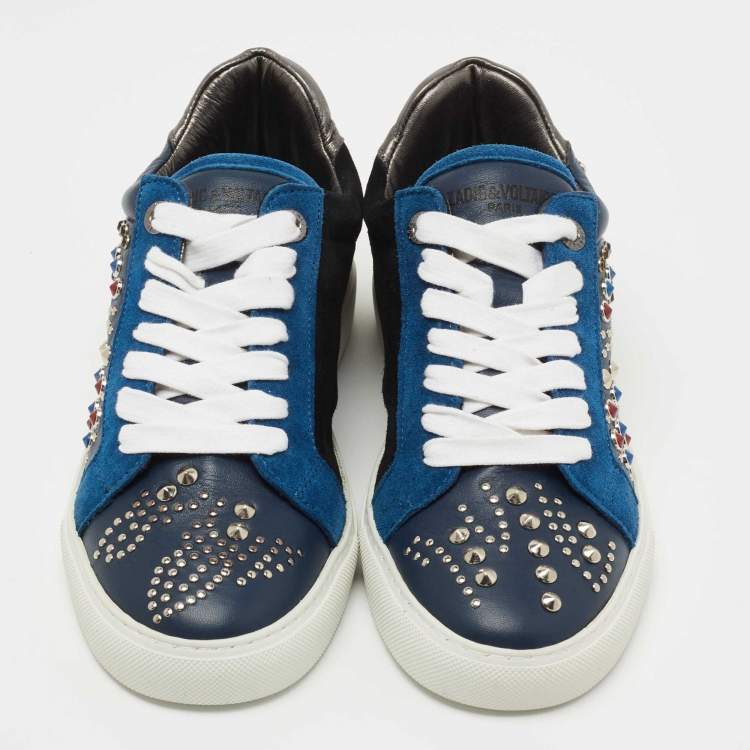 Pre Owned Zadig and Voltaire Tricolor Studded Leather and Suede Jungle Clous Sneakers Size 38