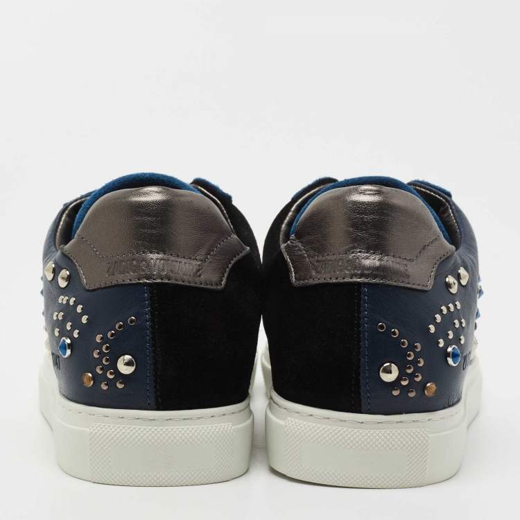 Pre Owned Zadig and Voltaire Tricolor Studded Leather and Suede Jungle Clous Sneakers Size 38