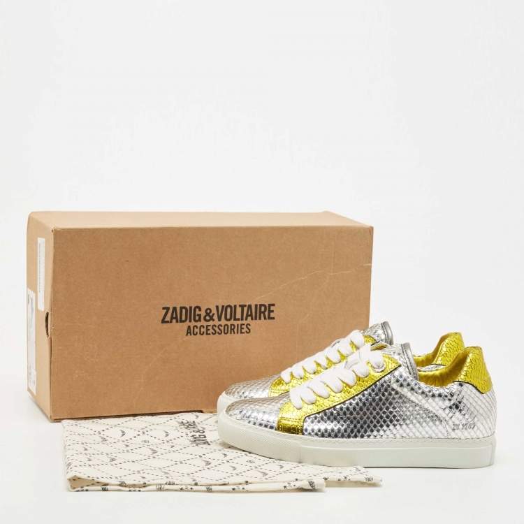 Pre Owned Zadig & Voltaire Silver/Gold Python Embossed Leather Low Top Sneakers Size 36