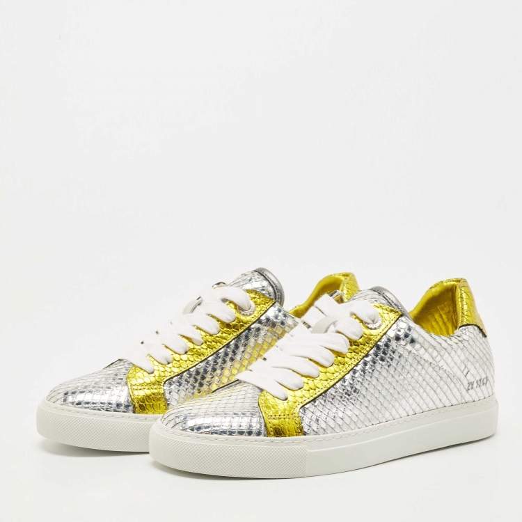 Pre Owned Zadig & Voltaire Silver/Gold Python Embossed Leather Low Top Sneakers Size 36