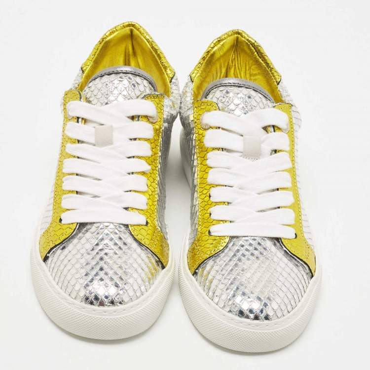 Pre Owned Zadig & Voltaire Silver/Gold Python Embossed Leather Low Top Sneakers Size 36