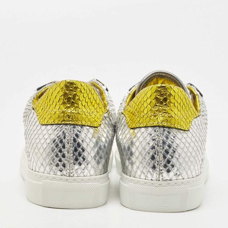 Pre Owned Zadig & Voltaire Silver/Gold Python Embossed Leather Low Top Sneakers Size 36