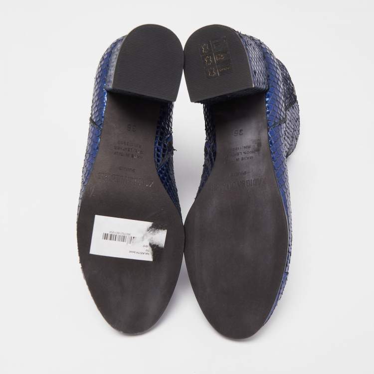 Pre Owned Zadig & Voltaire Blue Python Embossed Leather Block Heel Ankle Booties Size 36