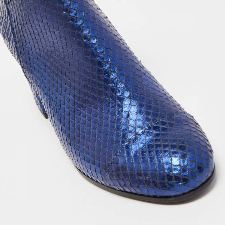 Pre Owned Zadig & Voltaire Blue Python Embossed Leather Block Heel Ankle Booties Size 36