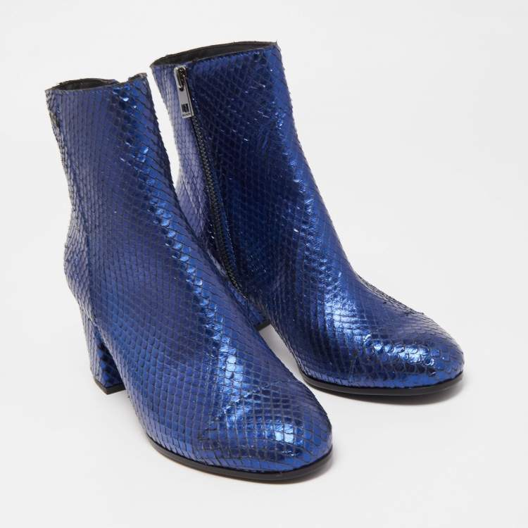 Pre Owned Zadig & Voltaire Blue Python Embossed Leather Block Heel Ankle Booties Size 36