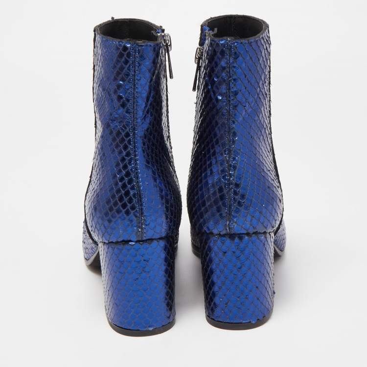 Pre Owned Zadig & Voltaire Blue Python Embossed Leather Block Heel Ankle Booties Size 36