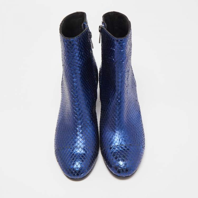 Pre Owned Zadig & Voltaire Blue Python Embossed Leather Block Heel Ankle Booties Size 36