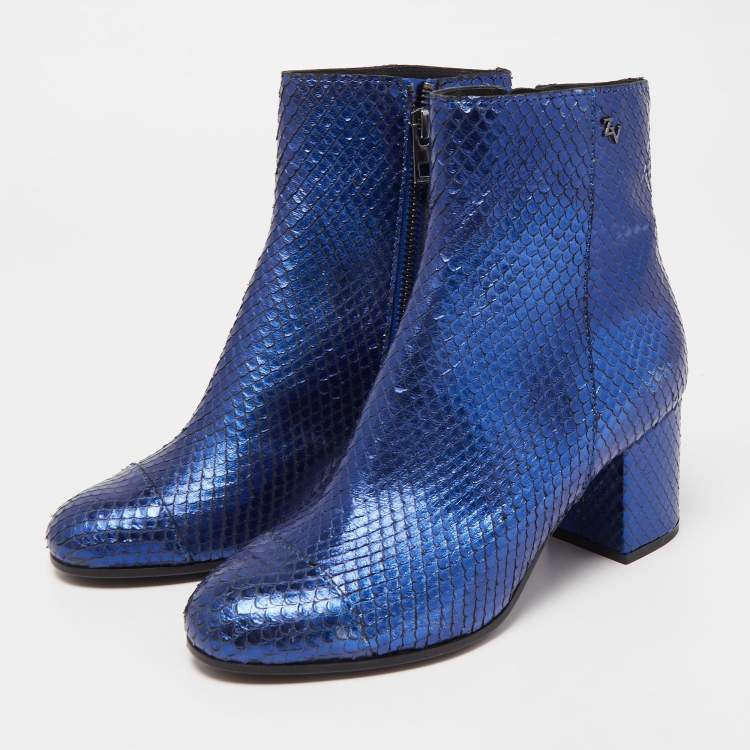 Pre Owned Zadig & Voltaire Blue Python Embossed Leather Block Heel Ankle Booties Size 36