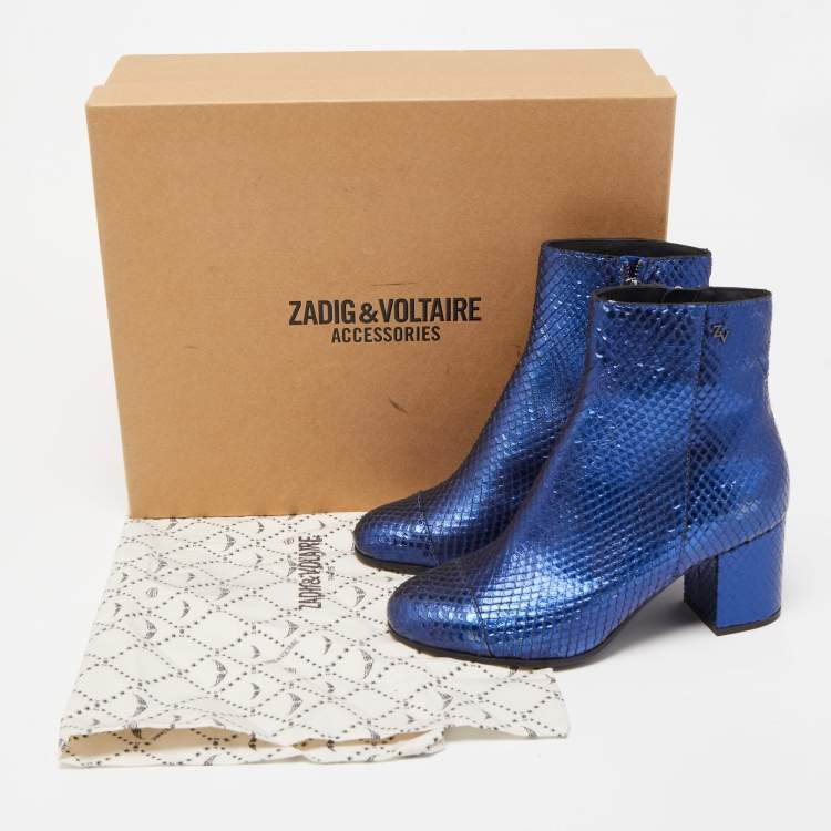 Pre Owned Zadig & Voltaire Blue Python Embossed Leather Block Heel Ankle Booties Size 36