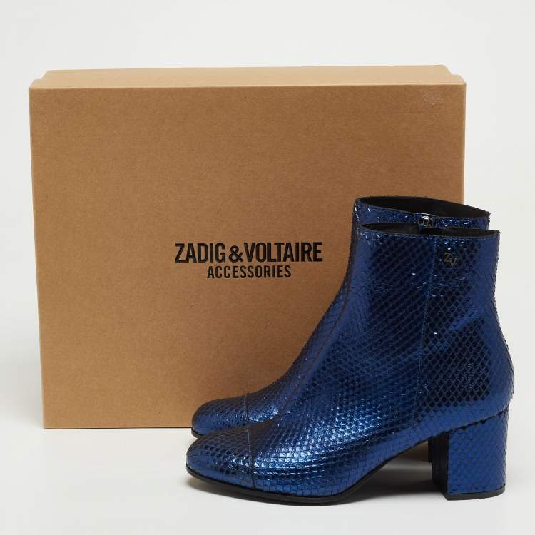 Pre Owned Zadiq & Voltaire Blue Python Embossed Leather Block Heel Ankle Booties Size 38