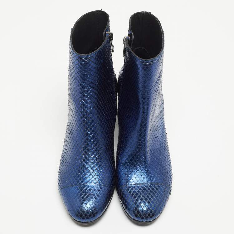 Pre Owned Zadiq & Voltaire Blue Python Embossed Leather Block Heel Ankle Booties Size 38