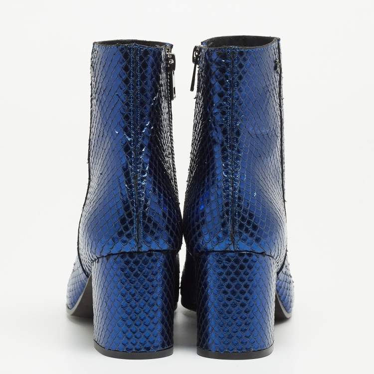 Pre Owned Zadiq & Voltaire Blue Python Embossed Leather Block Heel Ankle Booties Size 38
