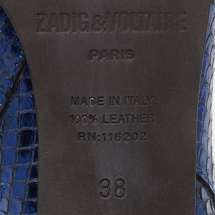 Pre Owned Zadiq & Voltaire Blue Python Embossed Leather Block Heel Ankle Booties Size 38