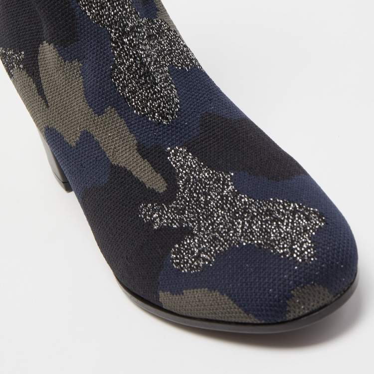 Pre Owned Zadig & Voltaire Blue/Black Camouflage Print Canvas Block Heel Ankle Length Booties Size 38