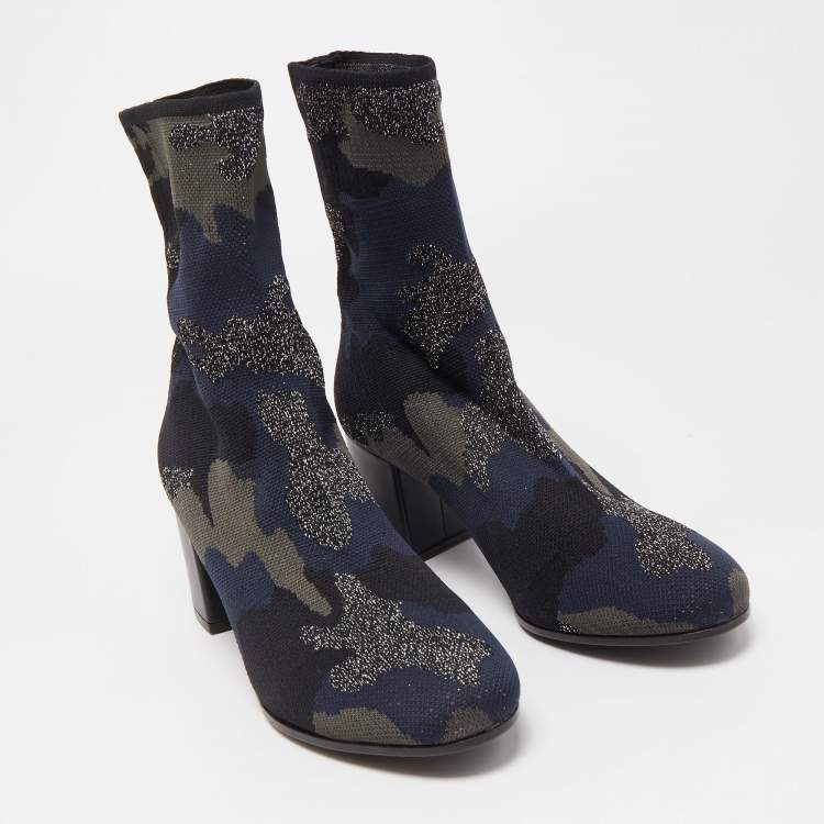 Pre Owned Zadig & Voltaire Blue/Black Camouflage Print Canvas Block Heel Ankle Length Booties Size 38