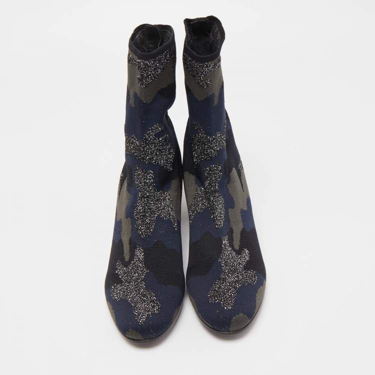 Pre Owned Zadig & Voltaire Blue/Black Camouflage Print Canvas Block Heel Ankle Length Booties Size 38