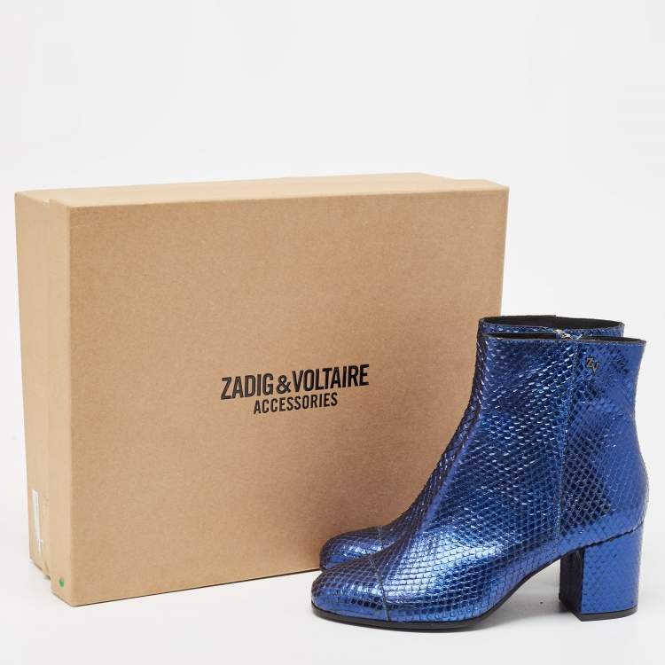 Pre Owned Zadiq & Voltaire Blue Python  Leather Block Heel Ankle Boots Size 37