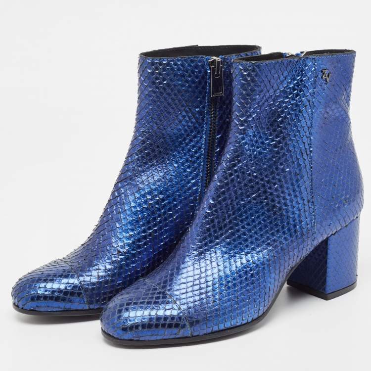 Pre Owned Zadiq & Voltaire Blue Python  Leather Block Heel Ankle Boots Size 37