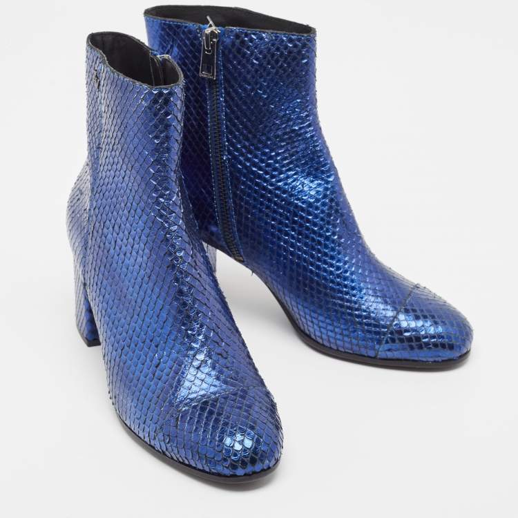 Pre Owned Zadiq & Voltaire Blue Python  Leather Block Heel Ankle Boots Size 37