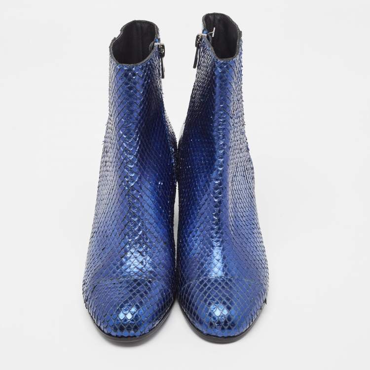 Pre Owned Zadiq & Voltaire Blue Python  Leather Block Heel Ankle Boots Size 37
