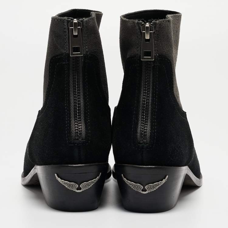 Pre Owned Zadig & Voltaire Black/Grey Suede Teddy Ankle Boots Size 37