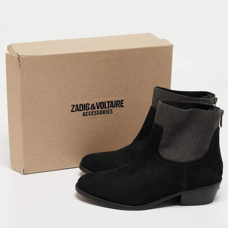 Pre Owned Zadig & Voltaire Black/Grey Suede Teddy Ankle Boots Size 37