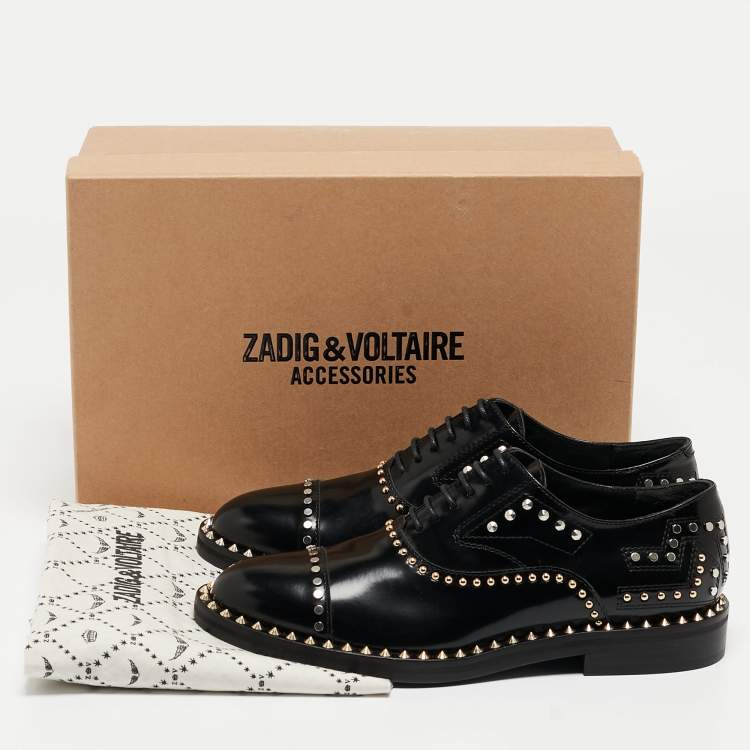 Pre Owned Zadig & Voltaire Black Leather Studded Youth Clous Oxfords Size 37