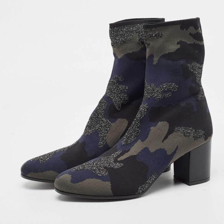 Pre Owned Zadig & Voltaire Blue/Black Camouflage Print Canvas Block Heel Ankle Boots Size 40