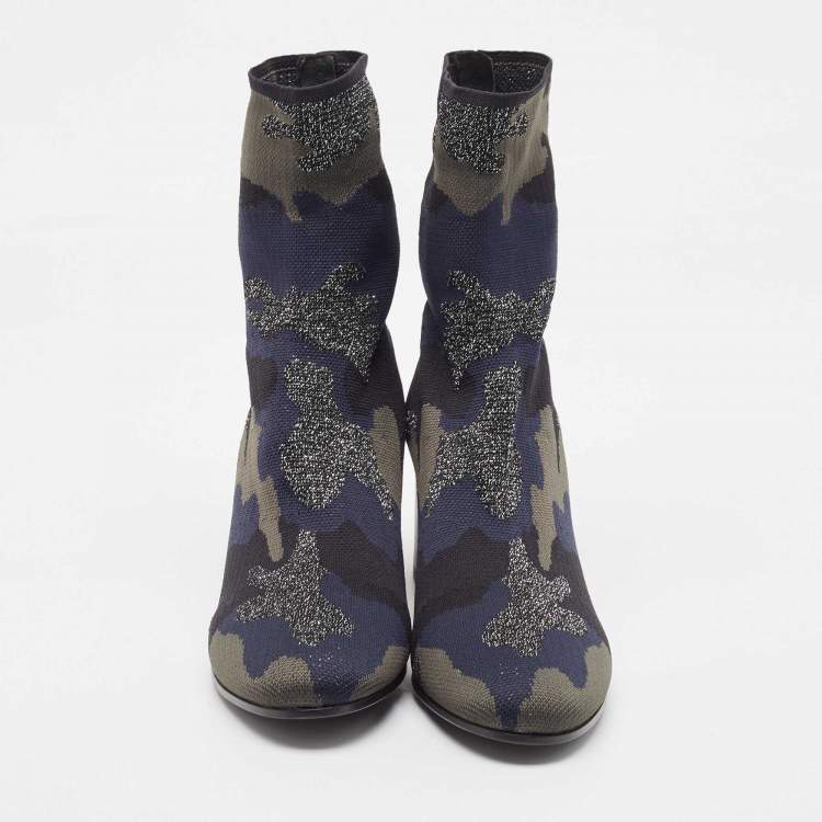 Pre Owned Zadig & Voltaire Blue/Black Camouflage Print Canvas Block Heel Ankle Boots Size 40