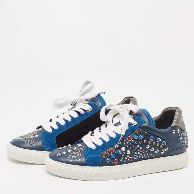 Pre Owned Zadig and Voltaire Tricolor Studded Leather and Suede Jungle Clous Sneakers Size 38