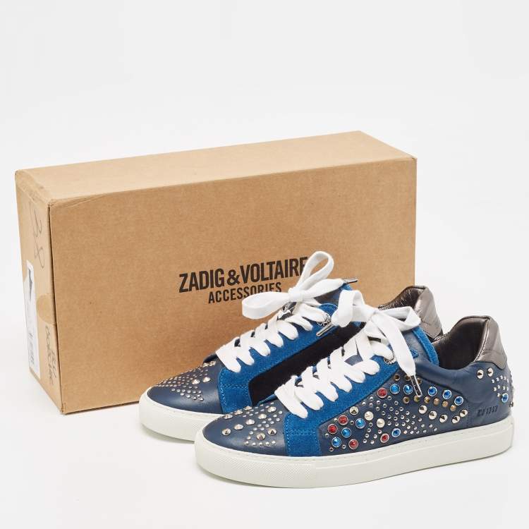 Pre Owned Zadig and Voltaire Tricolor Studded Leather and Suede Jungle Clous Sneakers Size 38