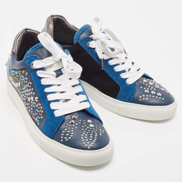 Pre Owned Zadig and Voltaire Tricolor Studded Leather and Suede Jungle Clous Sneakers Size 38