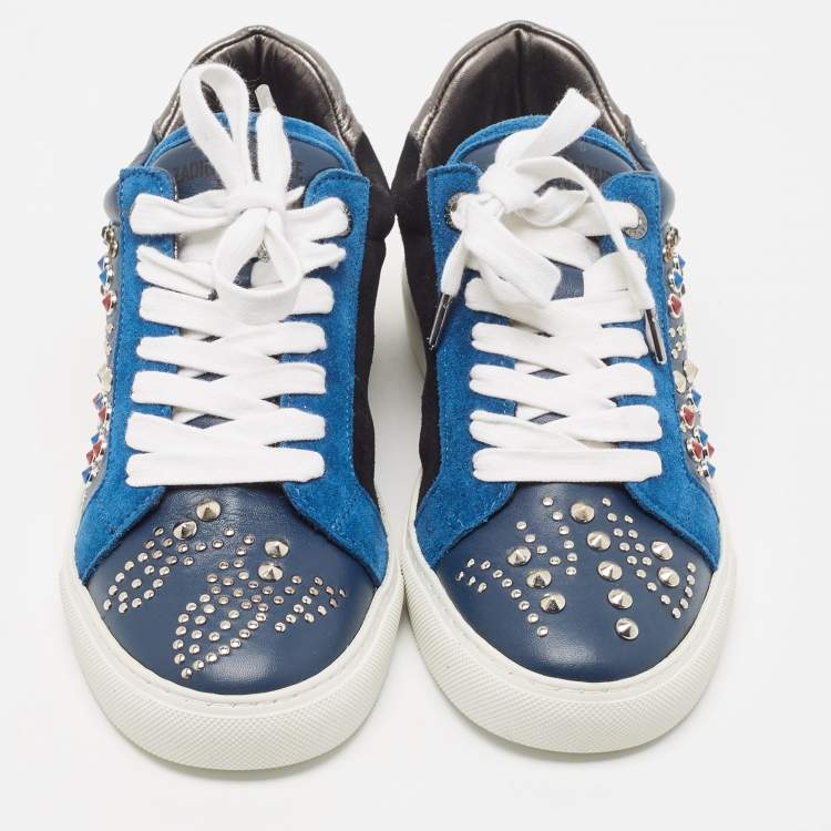 Pre Owned Zadig and Voltaire Tricolor Studded Leather and Suede Jungle Clous Sneakers Size 38