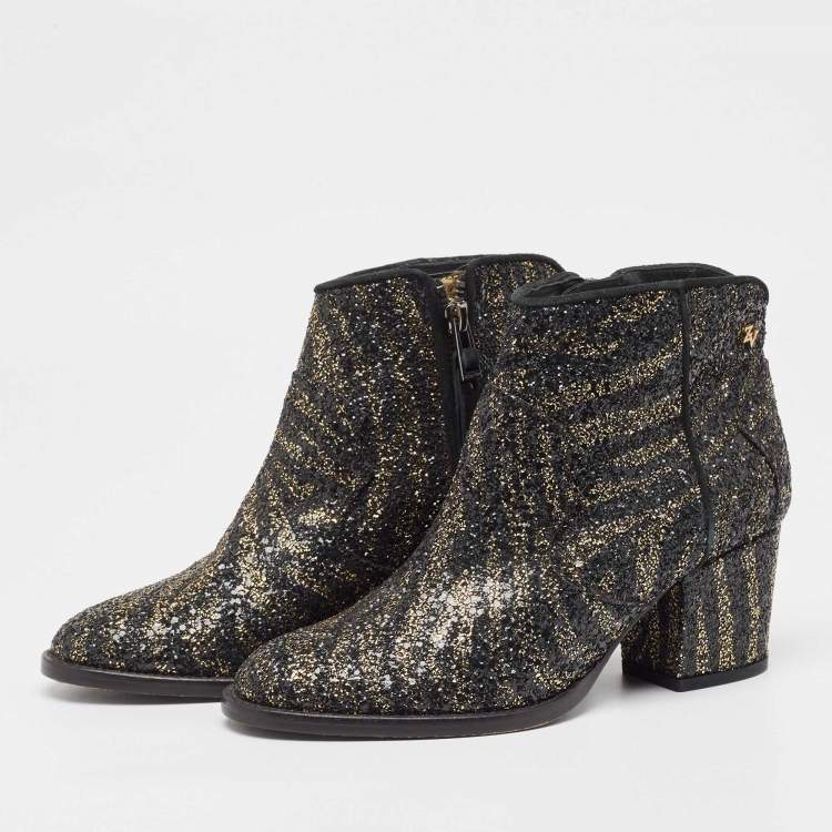 Pre Owned Zadig & Voltaire Black/Gold Glitter Molly Ankle Boots Size 36