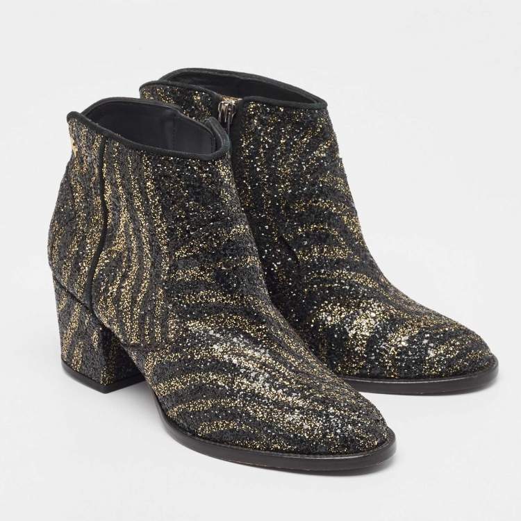 Pre Owned Zadig & Voltaire Black/Gold Glitter Molly Ankle Boots Size 36
