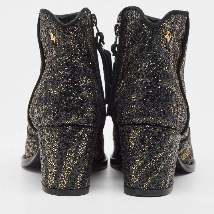 Pre Owned Zadig & Voltaire Black/Gold Glitter Molly Ankle Boots Size 36