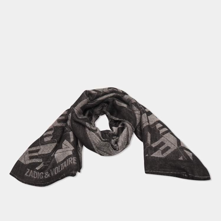 Pre Owned Zadig & Voltaire Monochrome Lettering Cotton Scarf