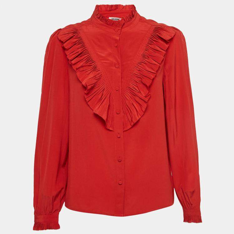 Pre Owned Zadig & Voltaire Red Silk Ruffled Taccora Shirt L