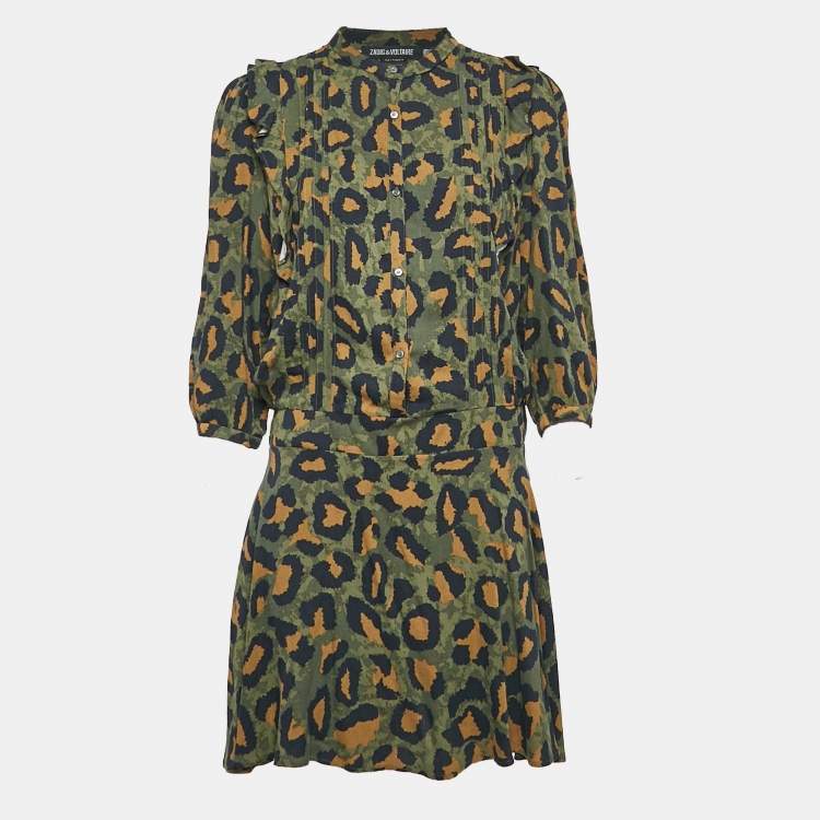 Pre Owned Zadig & Voltaire Military Green Printed Viscose Remo Leo Mini Dress L
