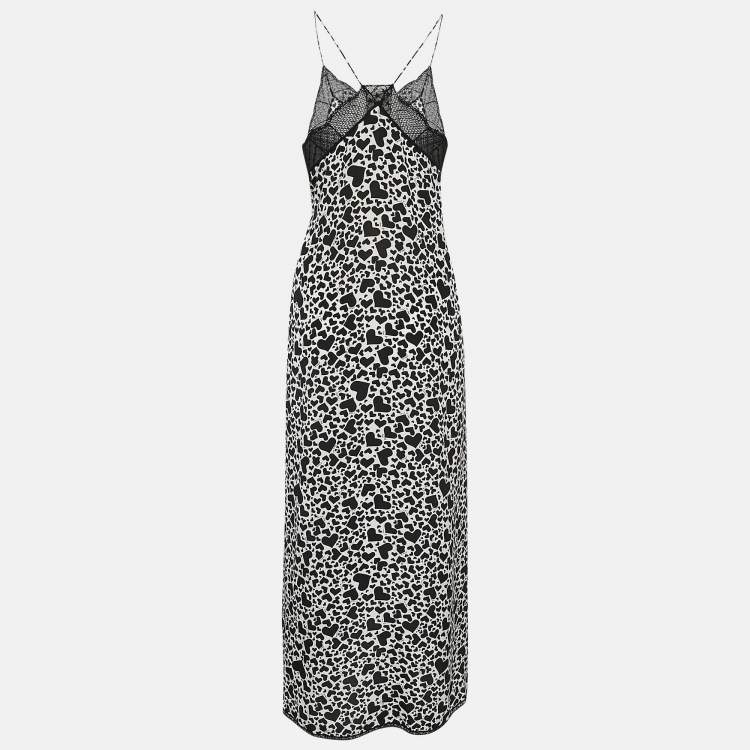 Pre Owned Zadig & Voltaire Black/White Hearts Risty Print Silk and Lace Trim Midi Slip Dress L