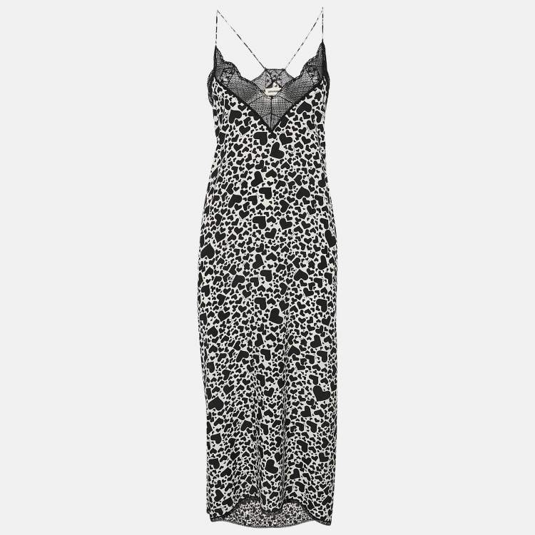Pre Owned Zadig & Voltaire Black/White Hearts Risty Print Silk and Lace Trim Midi Slip Dress L