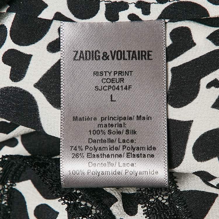 Pre Owned Zadig & Voltaire Black/White Hearts Risty Print Silk and Lace Trim Midi Slip Dress L