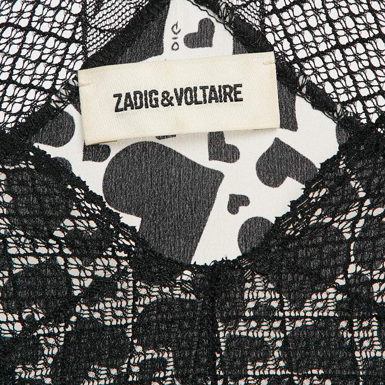 Pre Owned Zadig & Voltaire Black/White Hearts Risty Print Silk and Lace Trim Midi Slip Dress L